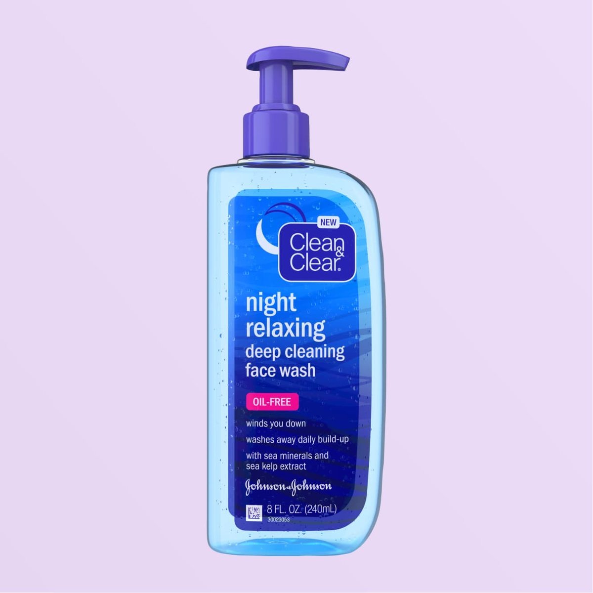 Clean & Clear Night Relaxing deep cleansing face wash, 8 fluid ounce clear blue bottle with purple pump top